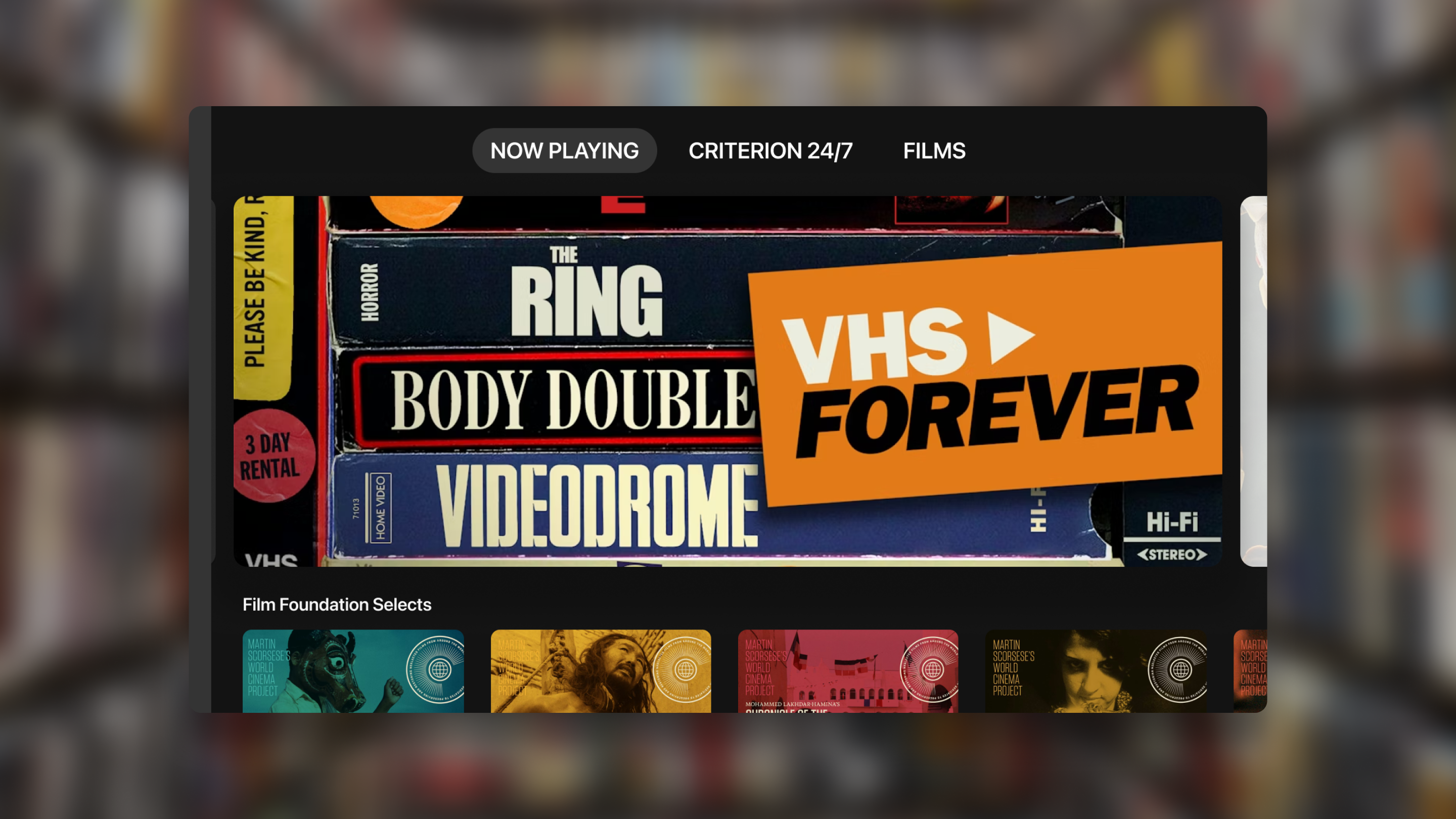 Criterion Channel TV app home screen with cinematic hero unit