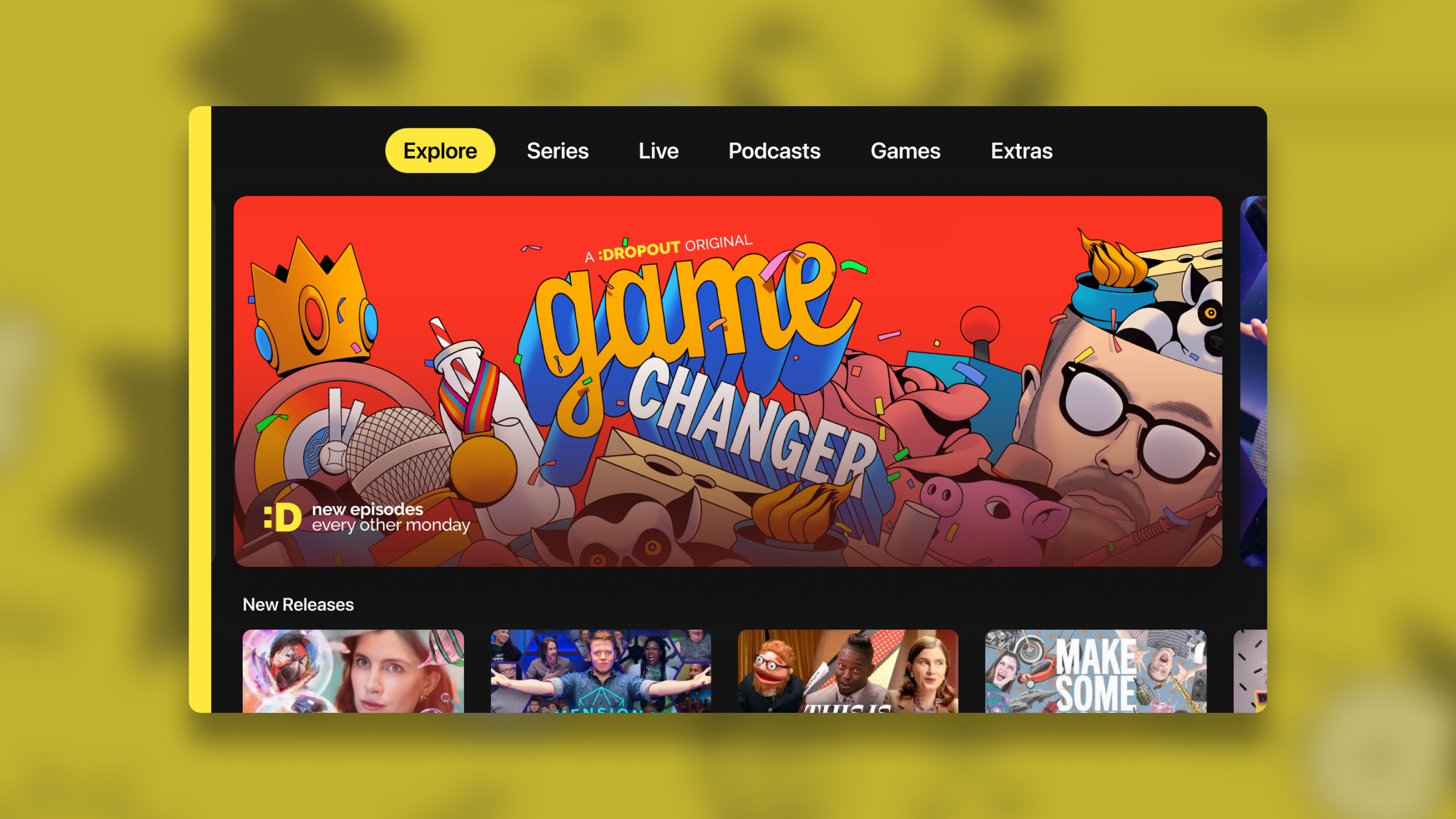 Dropout TV app home screen with content rails