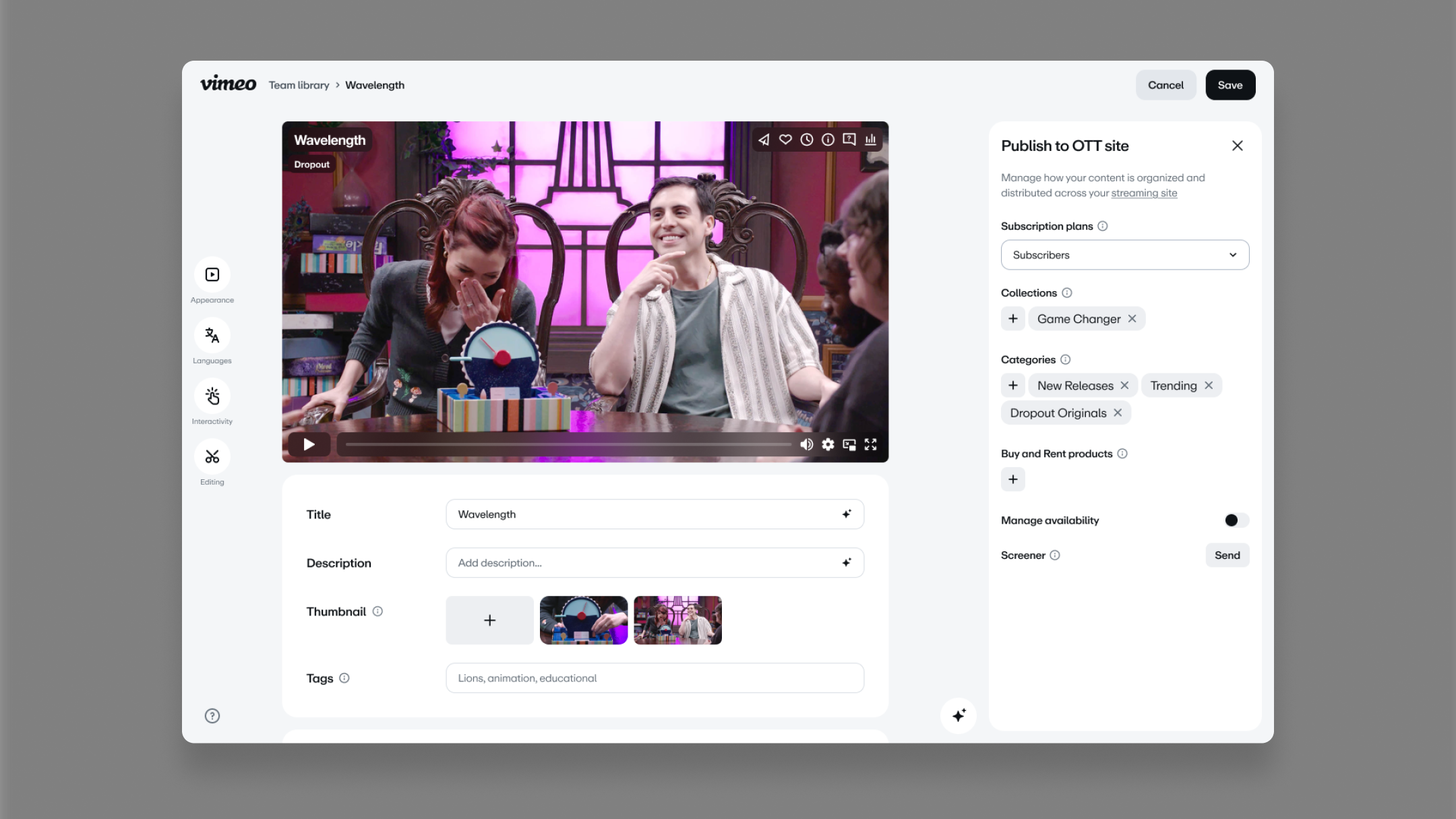 Vimeo streaming platform app configuration